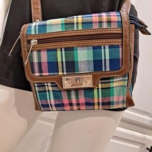 Chaps Multicolor Plaid Crossbody Bag with Brown Trim